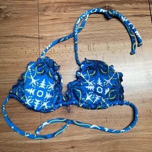 Blue & White Print Lettuce Trim Triangle Bikini Top Swim Women